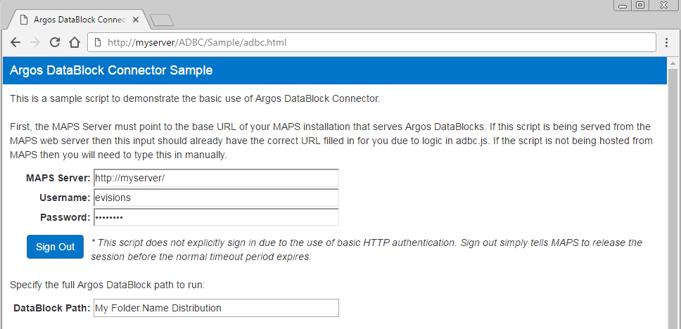 Sample script html page showing fields where you enter the server address, username, password, and path to the DataBlock you want to run.